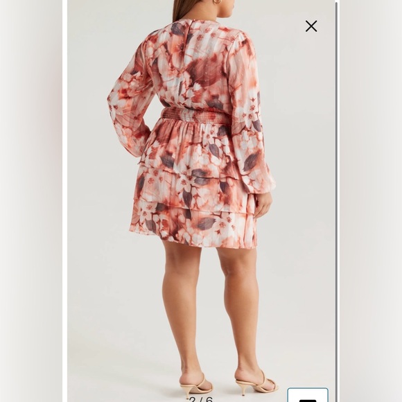 NWT- Socialite Floral Clip Dot Long Sleeve Minidress, Grey/Peach, size XS - Picture 2 of 12